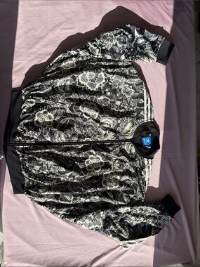 Adidas x FARM Rio Black and White Bomber Jacket with Floral Design and Batwings